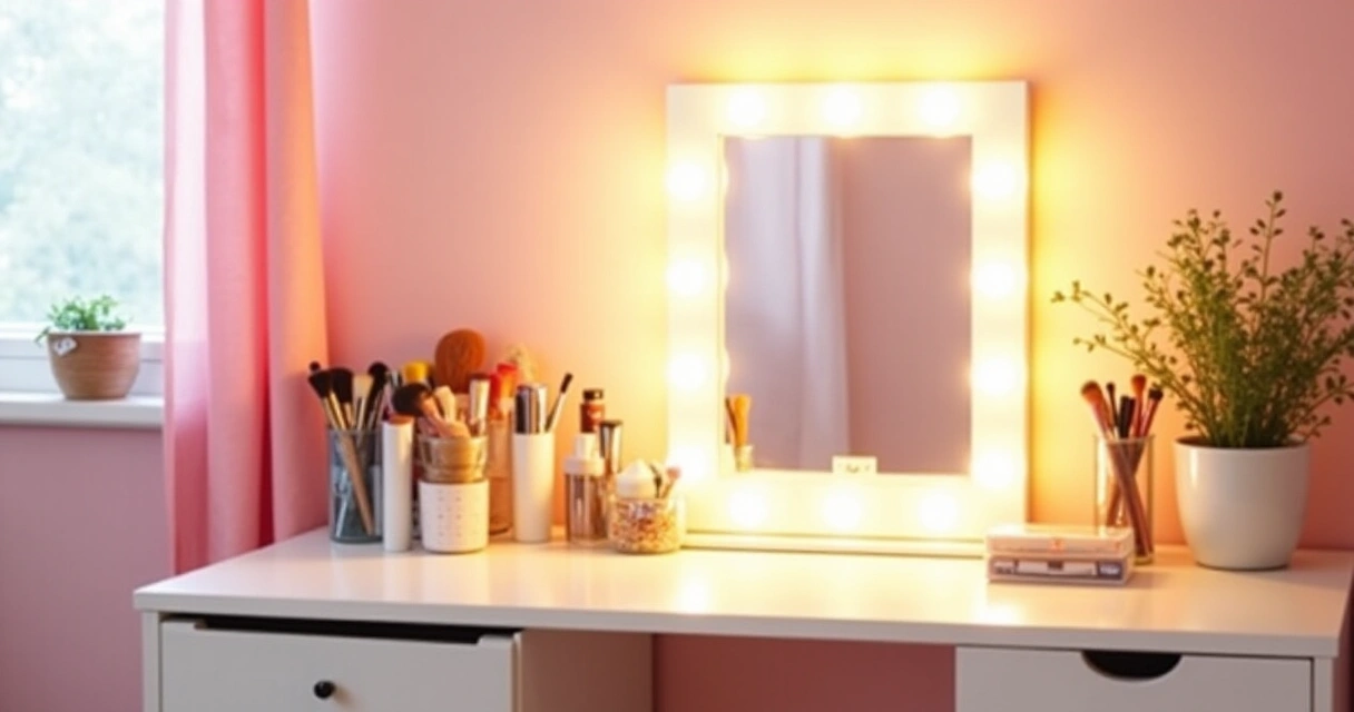 how to build a teen vanity setup with lighted mirror organizer and mini fridge